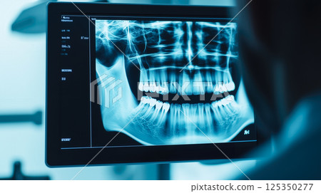 Dentist analyses a tooth X-ray holographic film. The concept of dental care, diagnostics, and precision in oral health treatment with modern technology. Generative AI. 125350277
