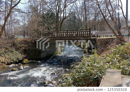 The Yu River, Yu Kawa, in Karuizawa, Nagano prefecture Japan near the Hoshino Resort with rocks stained white from the hot springs The Yu River, Yu Kawa, in Karuizawa, Nagano prefecture Japan near the Hoshino Resort with rocks stained white from the hot springs 125350328