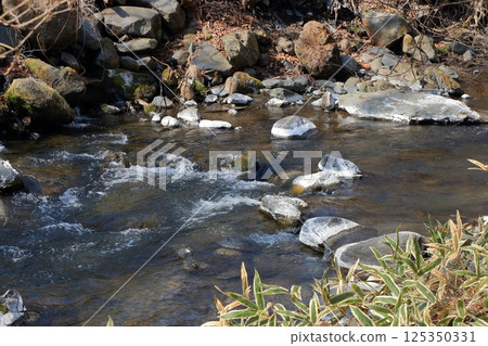 The Yu River, Yu Kawa, in Karuizawa, Nagano prefecture Japan near the Hoshino Resort with rocks stained white from the hot springs 125350331