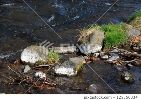 The Yu River, Yu Kawa, in Karuizawa, Nagano prefecture Japan near the Hoshino Resort with rocks stained white from the hot springs The Yu River, Yu Kawa, in Karuizawa, Nagano prefecture Japan near the Hoshino Resort with rocks stained white from the hot springs 125350334