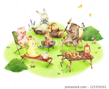 Animals having a barbecue in a green field, hand-drawn colored pencil drawing 125350341