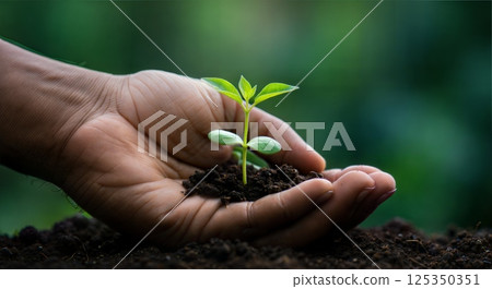 Hand holding a young plant seedling with soil, nurturing to grow, environmental conservation concept Hand holding a young plant seedling with soil, nurturing to grow, environmental conservation concept 125350351