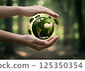 Hands holding a small green globe with trees, symbolizing care for the planet, environmental conservation concept 125350354