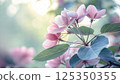 Close-up of pink flowers with leaves in soft light, showcasing beauty and nature, floral aesthetics 125350355
