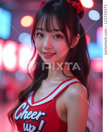 一位身著啦啦隊制服的女子在用電燈裝飾的活動場地 125350371