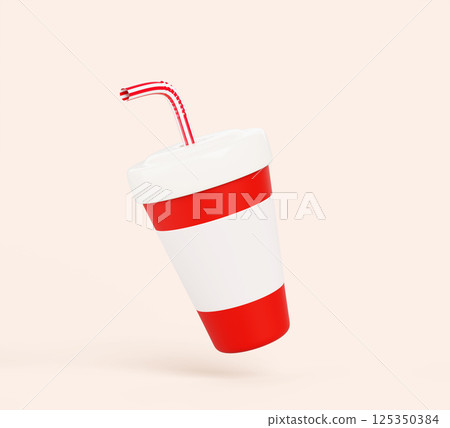 Red paper takeaway cup with straw. Cartoon 3d render icon of disposable cardboard container for cola, soda, fizzy beverage. Mockup packaging for takeout drink with closed plastic cap. 3D illustration 125350384