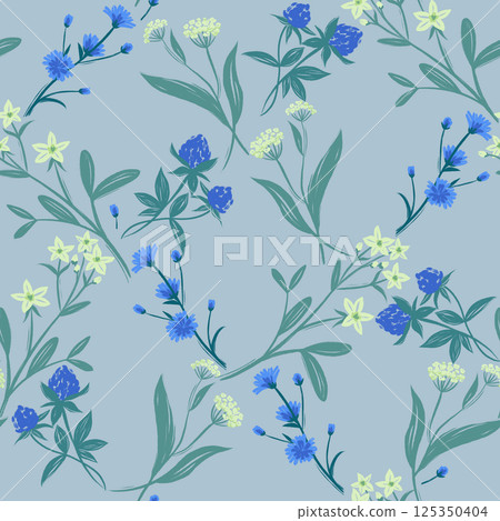 Seamless pattern with meadow flowers yellow and blue Summer mood 125350404