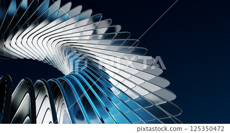 Abstract dark 3d background with glass curve wave effect of transparent square plates row. Crystal line pattern with blue gradient, light refraction, flare. Render digital tech banner. 3D illustration Abstract dark 3d background with glass curve wave effect of transparent square plates row. Crystal line pattern with blue gradient, light refraction, flare. Render digital tech banner. 3D illustration 125350472