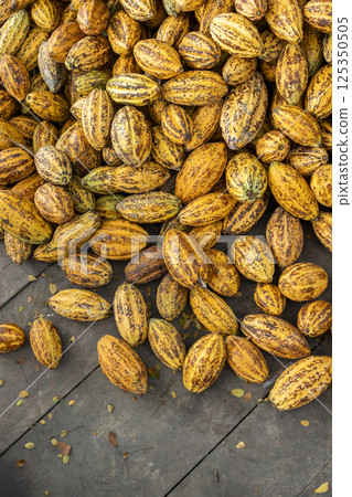 Cocoa beans and cocoa pod on a wooden surface. 125350505