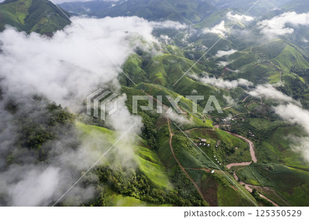 Landscape of Morning Mist with Mountain Layer. mountain ridge and clouds in rural jungle bush forest Landscape of Morning Mist with Mountain Layer. mountain ridge and clouds in rural jungle bush forest 125350529