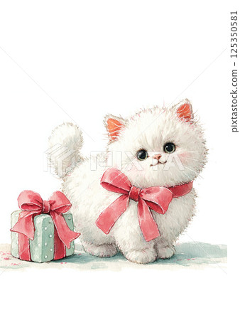White cat wearing ribbon and gift box White cat wearing ribbon and gift box 125350581