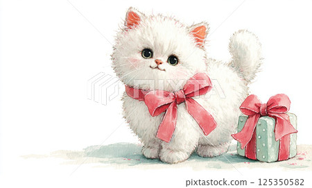 White cat wearing ribbon and gift box 125350582