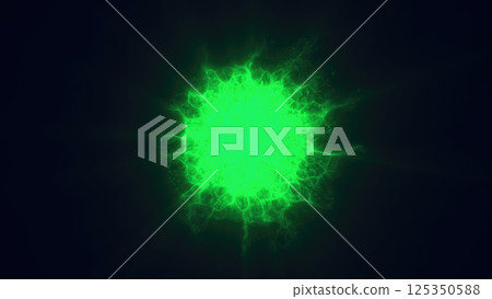 A vibrant green energy sphere burst emanating outward against a dark background symbolizing nature vitality and power 125350588