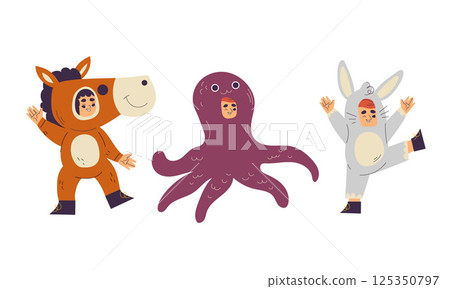 Playful and Colorful Costumed Characters Horse, Octopus, and Bunny for Everyone Playful and Colorful Costumed Characters Horse, Octopus, and Bunny for Everyone 125350797