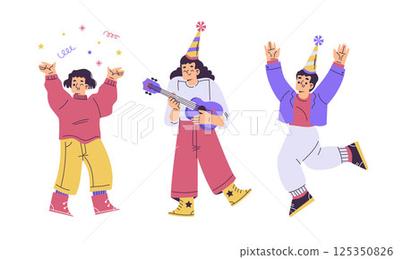 Children at Happy Birthday Party Celebrating Holiday Vector Set Children at Happy Birthday Party Celebrating Holiday Vector Set 125350826