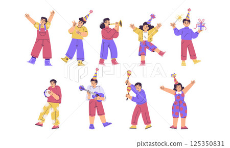 Children at Happy Birthday Party Celebrating Holiday Vector Set 125350831