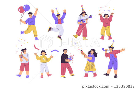 Children at Happy Birthday Party Celebrating Holiday Vector Set 125350832