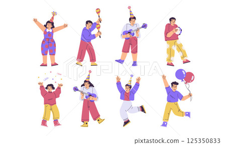 Children at Happy Birthday Party Celebrating Holiday Vector Set 125350833