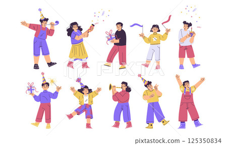 Children at Happy Birthday Party Celebrating Holiday Vector Set 125350834