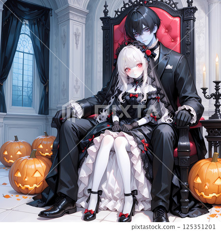 Marrying a lover who turned into a zombie. Halloween for an albino girl and a blue-eyed young man. Manga-style AI illustration 125351201