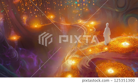 Enchanting dreamscape with glowing path and mystical figure 125351300