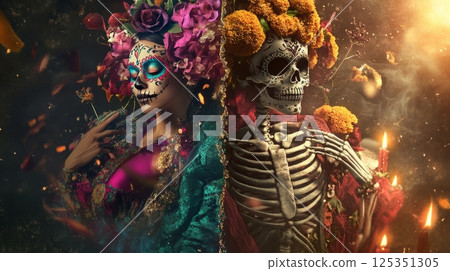 Vibrant celebration of dia de los muertos: fusion of tradition and art 125351305