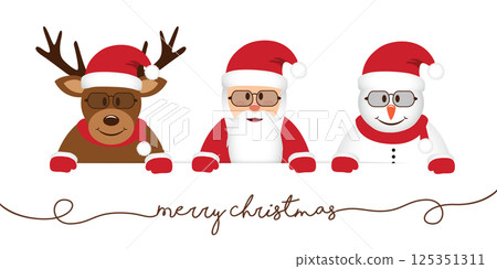 cute reindeer santa and snowman cartoon with glasses white banner vector illustration 125351311