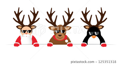 funny christmas cartoon with cute reindeer santa claus and penguin with sunglasses and antler vector illustration 125351318