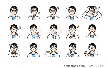 Various facial expression variation set of a young woman wearing glasses 125351496