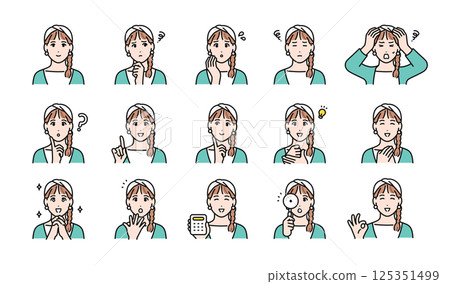 一位戴著頭巾的年輕女子的一組各種面部表情 125351499