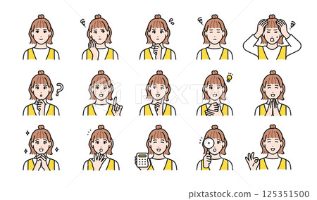 身穿套頭衫裙的年輕女子的各種面部表情變化集 125351500