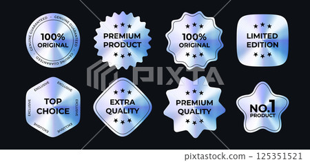 Luxury Holographic Badges Set With Premium Product Labels On Dark Background. Metallic Gradient Stickers Collection For Branding, Packaging, Promotion Or Advertising Design. Vector Illustration. 125351521