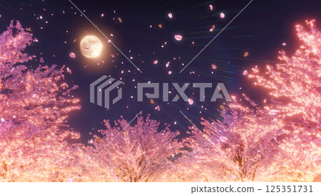 Cherry blossom trees and snowstorm on a moonlit night 125351731