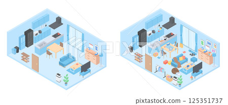 Isometric illustration of a neat and tidy room and a messy room 125351737