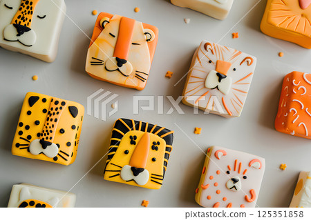 Delicious looking sweets in the shape of lions and cheetahs 125351858