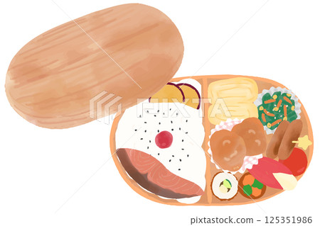 從上方看到的便當/wappa米飯插圖 - 時尚可愛的水彩圖畫書風格插圖 從上方看到的便當/wappa米飯插圖 - 時尚可愛的水彩圖畫書風格插圖 125351986