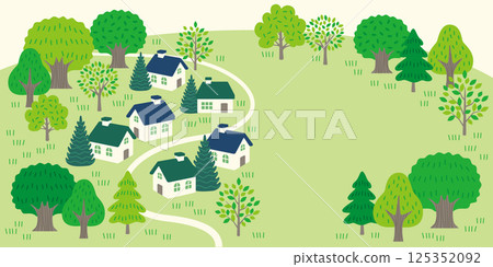 Landscape of green hills and white houses 125352092