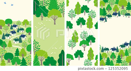 Fresh green trees and white house background set 125352095