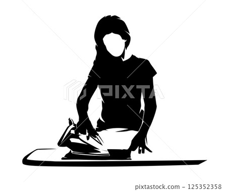 Woman irons clothes, cleaning service, housework, isolated vector silhouette, front view Woman irons clothes, cleaning service, housework, isolated vector silhouette, front view 125352358