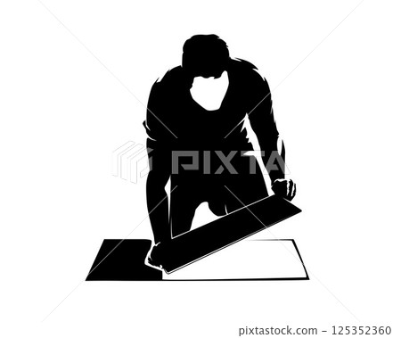 Tiling, laying flooring. floorman lays tiles, isolated vector silhouette, front view. Handyman Tiling, laying flooring. floorman lays tiles, isolated vector silhouette, front view. Handyman 125352360