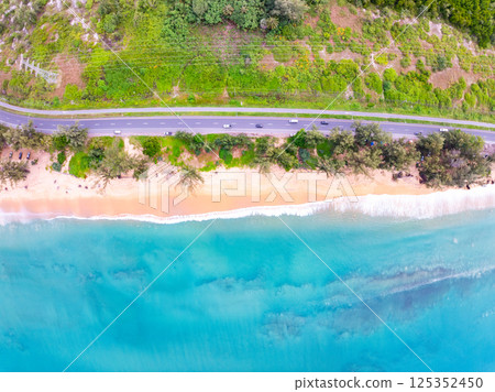 Beautiful colorful sand beach nature background,Amazing beach waves background, Aerial view wide angle sea background 125352450