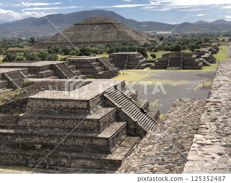Panoramic view of Teotihuacan, Mexico City and the main Pyramid of the Sun is largest structure in Teotihuacan Panoramic view of Teotihuacan, Mexico City and the main Pyramid of the Sun is largest structure in Teotihuacan 125352487