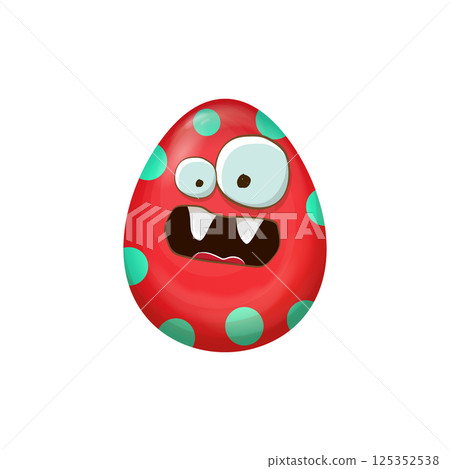 Cartoon red easter egg characters withh dots isolated on white background. Red pattern color egg vector concept illustration. funky sweet easter character with eyes and mouth Cartoon red easter egg characters withh dots isolated on white background. Red pattern color egg vector concept illustration. funky sweet easter character with eyes and mouth 125352538