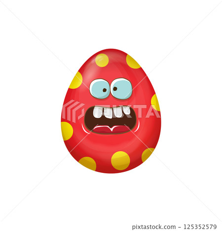 Cartoon red easter egg characters withh dots isolated on white background. Red pattern color egg vector concept illustration. funky sweet easter character with eyes and mouth Cartoon red easter egg characters withh dots isolated on white background. Red pattern color egg vector concept illustration. funky sweet easter character with eyes and mouth 125352579