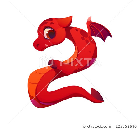 Asian red dragon character font digit 2 two. Fantasy reptile personage font figure, fairy monster vector kids ABC typeface number. Red dragon character math typeface numeral symbol or type digit 125352686