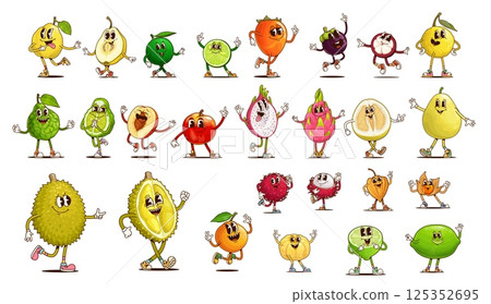 Groovy tropical fruit characters, cartoon retro farm berry food. Vector summer fruit personages of whole and half peach, lemon or lime, durian, quince, mandarin and bergamot orange groovy personages 125352695