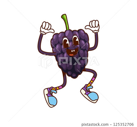 Cartoon groovy blackberry character happily jumping. Isolated vector naughty comic berry personage with a wide smile. Cute and funny ripe fruit wearing retro hippie sneakers express positive emotions Cartoon groovy blackberry character happily jumping. Isolated vector naughty comic berry personage with a wide smile. Cute and funny ripe fruit wearing retro hippie sneakers express positive emotions 125352706