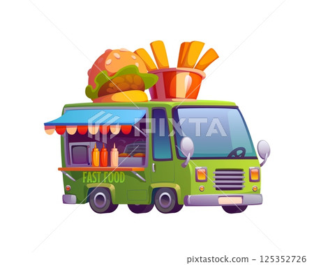 Fast food truck car, vintage festival street foodtruck van in green color with a giant burger and French fries bucket on top. Cartoon vector retro vehicle features an open cooking area, and a awning 125352726