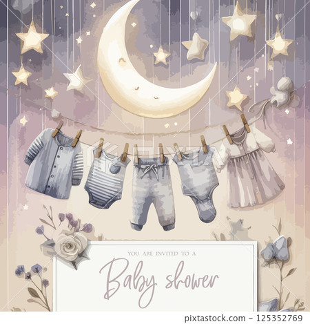 Watercolor Invitation Baby Shower Template card with children's clothes drying on a clothesline. 125352769
