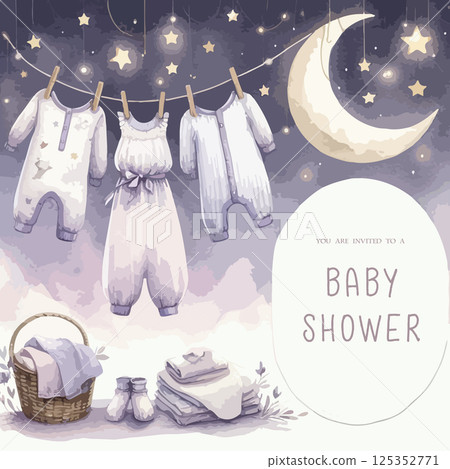 Watercolor Invitation Baby Shower Template card with children's clothes drying on a clothesline. 125352771